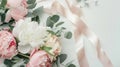 Generative AI Feminine wedding or birthday table composition with floral bouquet White and pink peonies flowers eu Royalty Free Stock Photo