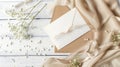 Generative AI Feminine wedding stationery desktop mockup scene Blank greeting card craft envelope babys breath flo Royalty Free Stock Photo