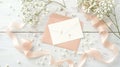 Generative AI Feminine wedding stationery desktop mockup scene Blank greeting card craft envelope babys breath flo Royalty Free Stock Photo