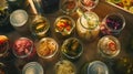 Generative AI Fermented food overhead flat lay shot Homemade vegetable preserves Sauerkraut pickles kimchi etc in