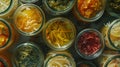 Generative AI Fermented food overhead flat lay shot Homemade vegetable preserves Sauerkraut pickles kimchi etc in Royalty Free Stock Photo