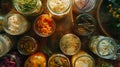 Generative AI Fermented food overhead flat lay shot Homemade vegetable preserves Sauerkraut pickles kimchi etc in Royalty Free Stock Photo