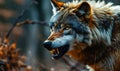Ferocious Grey Wolf Snarling Aggressively in the Forest, Showcasing Wild Predatory Instincts and the Intense Survival Essence of Royalty Free Stock Photo
