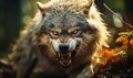 Ferocious Grey Wolf Snarling Aggressively in the Forest, Showcasing Wild Predatory Instincts and the Intense Survival Essence of