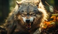Ferocious Grey Wolf Snarling Aggressively in the Forest, Showcasing Wild Predatory Instincts and the Intense Survival Essence of Royalty Free Stock Photo