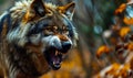 Ferocious Grey Wolf Snarling Aggressively in the Forest, Showcasing Wild Predatory Instincts and the Intense Survival Essence of Royalty Free Stock Photo