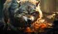 Ferocious Grey Wolf Snarling Aggressively in the Forest, Showcasing Wild Predatory Instincts and the Intense Survival Essence of Royalty Free Stock Photo