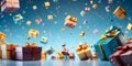 Festive celebration concept with numerous colorful gift boxes floating against a cheerful blue background with shimmering confetti Royalty Free Stock Photo