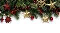 Generative AI Festive Christmas border  on white background Fir green branches are decorated with golden r Royalty Free Stock Photo