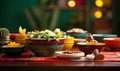 Festive Mexican culinary setup with vibrant ceramic dishes, traditional decorations, cactus, and bright colors celebrating