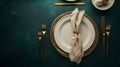 Generative AI Festive place setting with beige napkin. Empty plates and gold cutlery on dark green background. Top Royalty Free Stock Photo