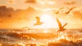 Generative AI Fiery orange sunset Dramatic golden sky at the sunset background with birds flying business concept. Royalty Free Stock Photo
