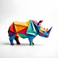 Generative AI. Figure rhino Origami from colored paper on a white background