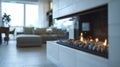 Generative AI Fireplace on white wall in modern apartment business concept. Royalty Free Stock Photo