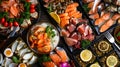 Generative AI Fish and meat meals variety flat lay Top view on buffet with assortment of healthy hearty food Buffe