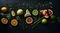 Generative AI Flat lay arrangement of colorful citrus slices lemongrass herbs and spices on dark background Ingred