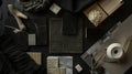 Generative AI Flat lay composition of creative black architect moodboard with samples of building textile and natu