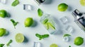 Generative AI Flat lay composition with fresh juicy limes mint ice cubes and cocktail shaker on white background b Royalty Free Stock Photo