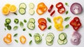 Generative AI flat lay composition of fresh raw various colorful sliced vegetables isolated on white background to Royalty Free Stock Photo