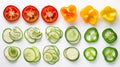 Generative AI flat lay composition of fresh raw various colorful sliced vegetables isolated on white background to Royalty Free Stock Photo