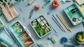 Generative AI Flat lay composition with lunch box tasty healthy food and school stationery on grey table business Royalty Free Stock Photo