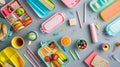 Generative AI Flat lay composition with lunch box tasty healthy food and school stationery on grey table business Royalty Free Stock Photo