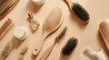 Generative AI Flat lay composition with wooden hairbrushes and different cosmetic products on light brown backgrou