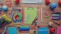 Generative AI Flat lay school stationery on a wooden background Back to school concept creative layout Top view ov Royalty Free Stock Photo