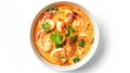 Generative AI Flat lay top view Spicy Thai Prawn Coconut Milk soup isolated on white background business concept. Royalty Free Stock Photo