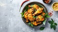 Generative AI Flatlay Ayam Goreng Lengkuas or or Ayam Serundeng or Galangal Fried Chicken with Curry leaves as Ind