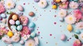 Generative AI. flatlay composition Easter eggs in pastel color with flowers on a light background. Pattern. Horizontal