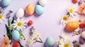 Generative AI. flatlay composition Easter eggs in pastel color with flowers on a light background. Pattern. Horizontal