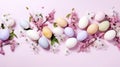 Generative AI. flatlay composition Easter eggs in pastel color with flowers on a light background. Pattern. Horizontal