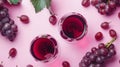 Generative AI Flatlay of red wine in glasses Branch of grape vine and grape on pink background Wine bar winery win Royalty Free Stock Photo