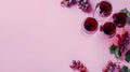 Generative AI Flatlay of red wine in glasses Branch of grape vine and grape on pink background Wine bar winery win Royalty Free Stock Photo