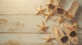 Generative AI Flipflops with sunglasses and starfish on beige wooden background business concept.