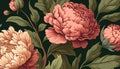 Generative AI, Floral colorful pattern. William Morris inspired natural plants and pink peony flowers background, vintage Royalty Free Stock Photo