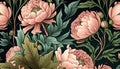 Generative AI, Floral colorful pattern. William Morris inspired natural plants and pink peony flowers background, vintage Royalty Free Stock Photo