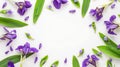Generative AI floral frame with purple iris flower lily of the valley branches leaves and petals isolated on white Royalty Free Stock Photo