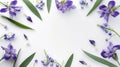 Generative AI floral frame with purple iris flower lily of the valley branches leaves and petals isolated on white Royalty Free Stock Photo