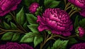 Generative AI, Floral pattern. William Morris inspired natural plants and viva magenta peony flowers background, vintage