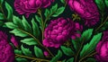 Generative AI, Floral pattern. William Morris inspired natural plants and viva magenta peony flowers background, vintage