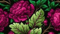 Generative AI, Floral pattern. William Morris inspired natural plants and viva magenta peony flowers background, vintage