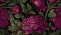 Generative AI, Floral pattern. William Morris inspired natural plants and viva magenta peony flowers background, vintage