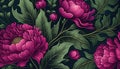 Generative AI, Floral pattern. William Morris inspired natural plants and viva magenta peony flowers background, vintage