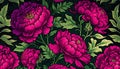 Generative AI, Floral pattern. William Morris inspired natural plants and viva magenta peony flowers background, vintage