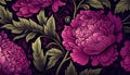 Generative AI, Floral pattern. William Morris inspired natural plants and viva magenta peony flowers background, vintage