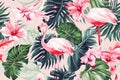 Generative AI. Floral seamless background with a tropical pattern of pink flamingos with exotic flowers, palm leaves. Botanical