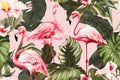 Generative AI. Floral seamless background with a tropical pattern of pink flamingos with exotic flowers, palm leaves. Botanical