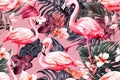 Generative AI. Floral seamless background with a tropical pattern of pink flamingos with exotic flowers, palm leaves. Botanical